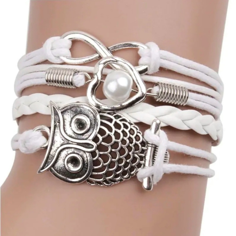 White & Silver Owl Infinity Heart Pearl Layered Layering Tiered Charm Bracelet